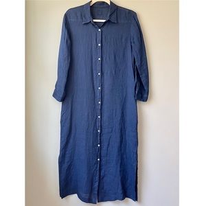 120% Lino | Navy Blue Button Down Linen Shirt Dress